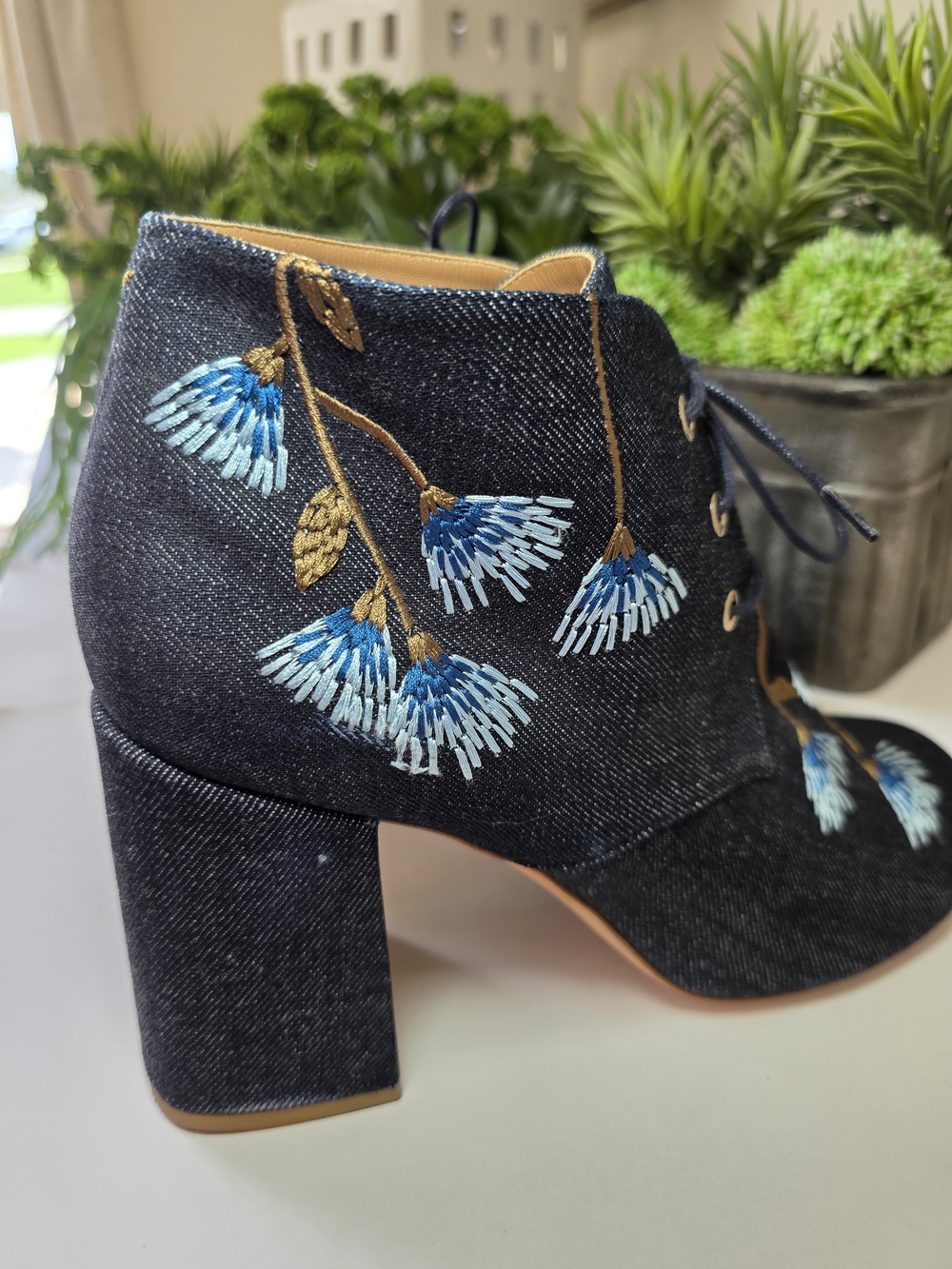 Laurence Dacade Belen Floral Embroidered Denim Booties Italy EU 42 US 10-10.5 - Picture 5 of 15